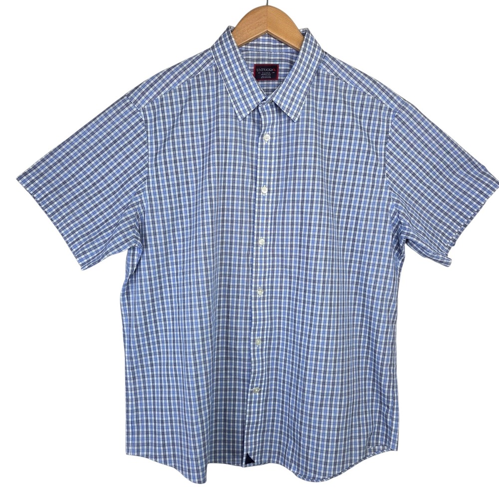 Untuckit Mens Blue‎ White Cotton Plaid Short Sleeve XL Wrinkle Free Casual Shirt